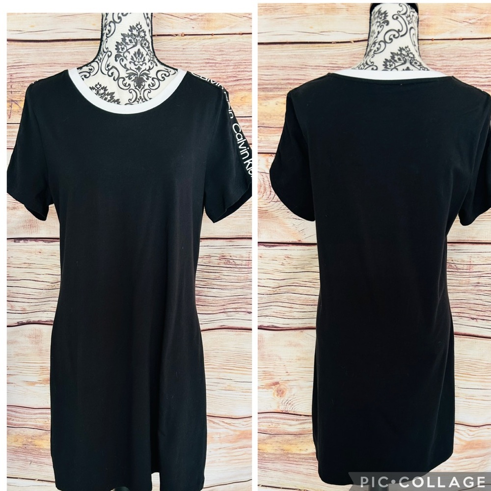 Calvin Klein Women’s Black & White Crew Neck Short Sleeve T-Shirt Logo Dress L